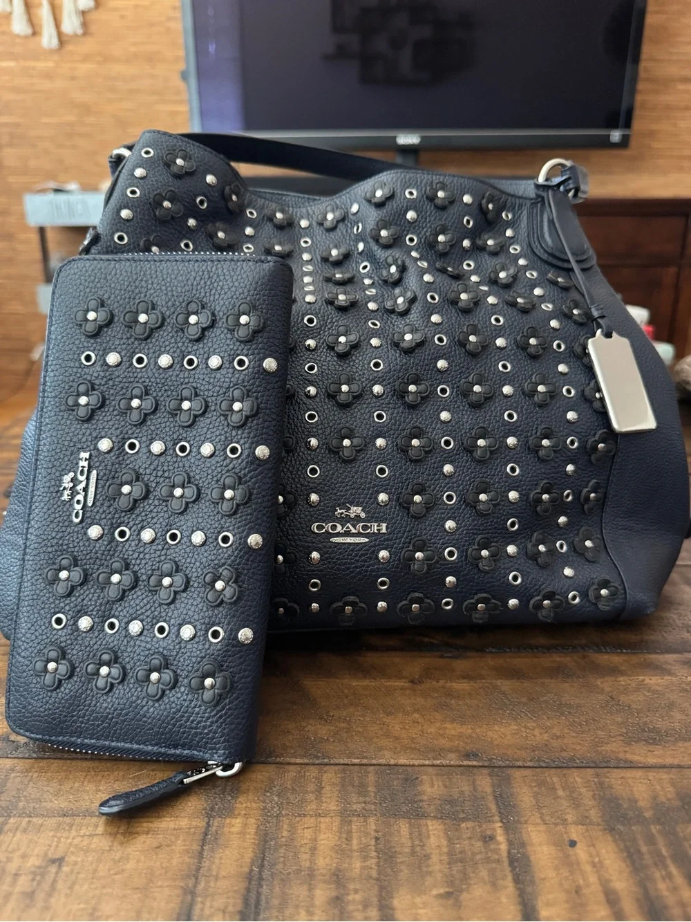 COACH Blue Pebbled Floral Rivets Leather Edie 31 Shoulder Bag & Matching Wallet